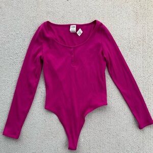 PINK Victoria’s Secret Ribbed Henley Bodysuit Hot Pink Long Sleeve NWT L